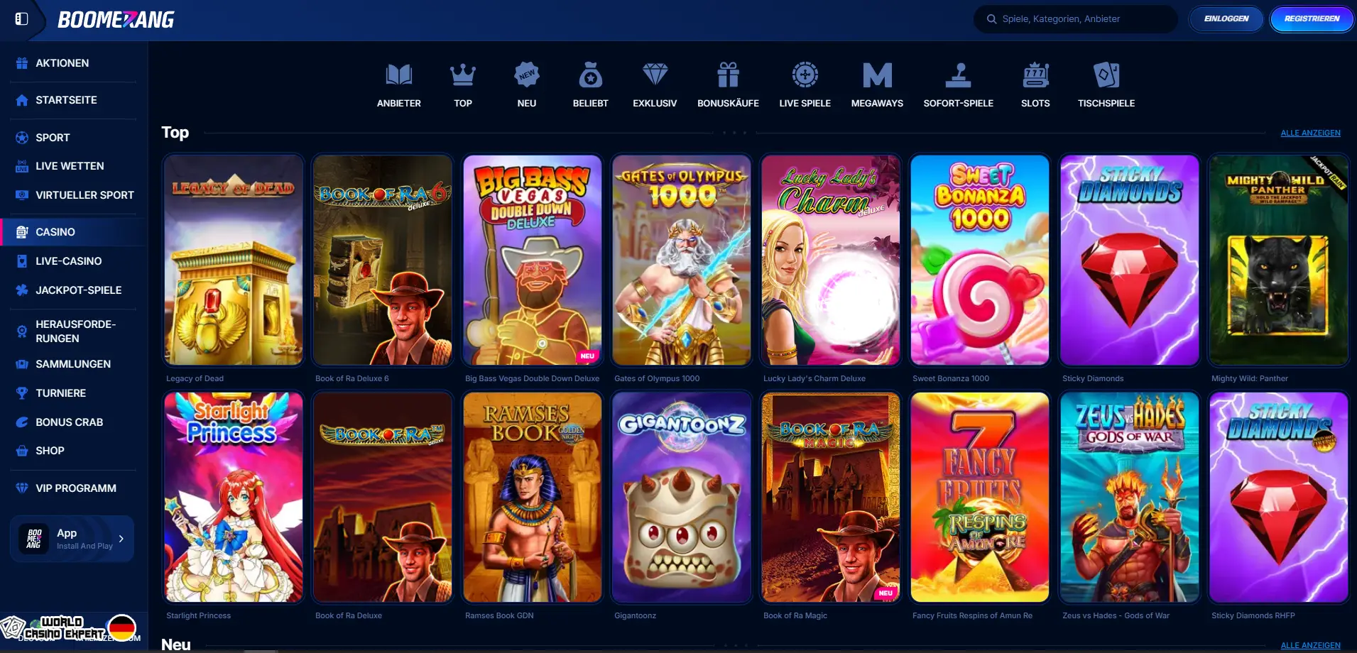 Spielautomaten, Live-Spiele, Tischspiele, Sportwetten im Boomerang Bet Casino