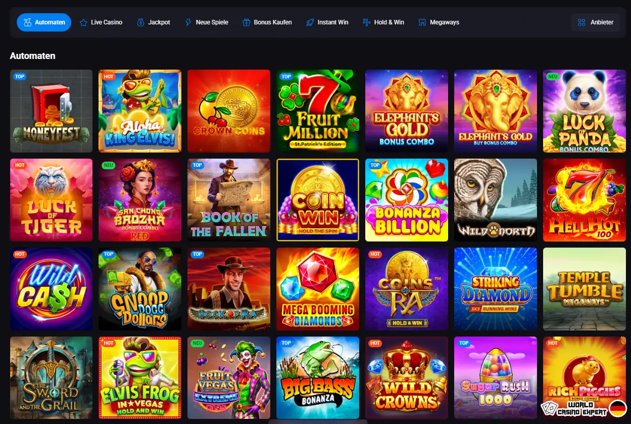 Spielautomaten, Live-Spiele, Tischspiele im Casino LuckyVibe