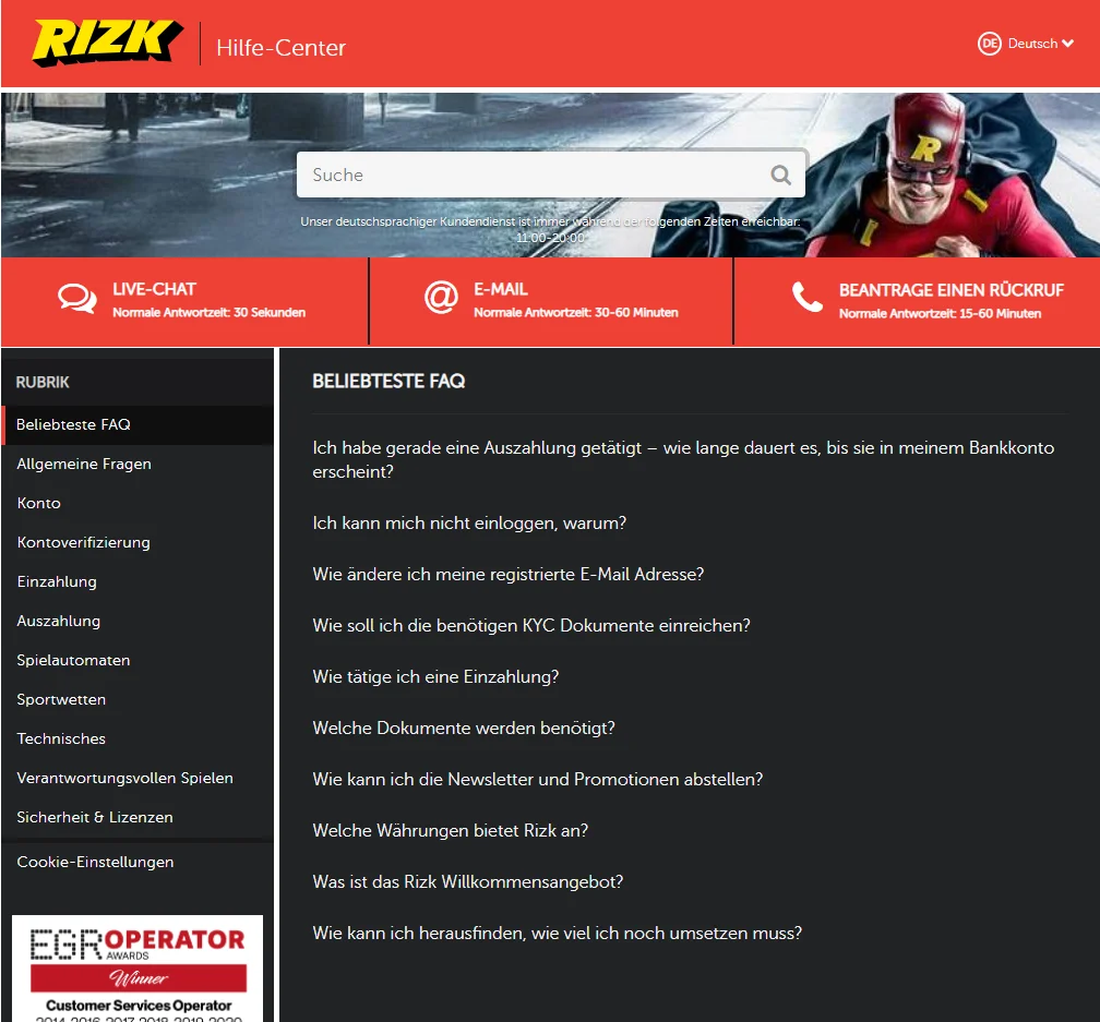 Unterstützung Online Casino Rizk | 